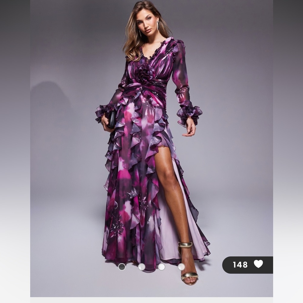 ASOS Purple Pink Ruffled Long Sleeve Maxi Dress